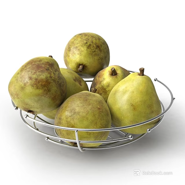 Fresh Yellowish Green Pears With Brown Spots Arranged In Wire Metal Basket 3d model 
