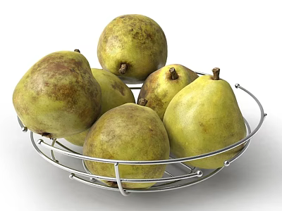 Fresh Yellowish Green Pears With Brown Spots Arranged In Wire Metal Basket 3d model