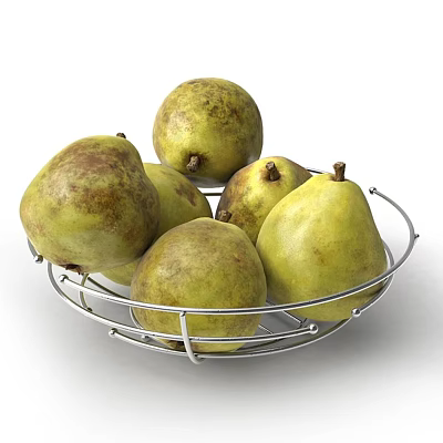 Fresh Yellowish Green Pears With Brown Spots Arranged In Wire Metal Basket 3d model