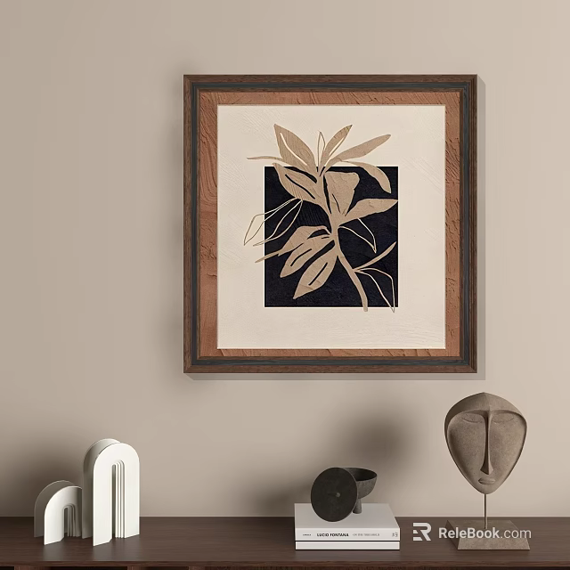 Minimalist Abstract Painting With Wooden Frame And Leaf Pattern In Black And Beige Tones 3d model 