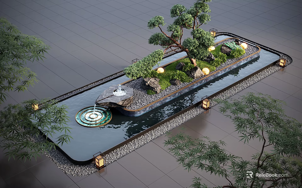 Modern Water Fountain Landscape With Bonsai Trees Lanterns And Circular Pool 3d model 