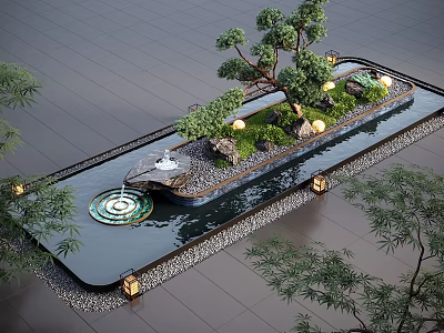 Modern Water Fountain Landscape With Bonsai Trees Lanterns And Circular Pool 3d model