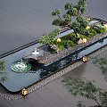 Modern Water Fountain Landscape With Bonsai Trees Lanterns And Circular Pool