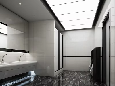Public Restroom Interior Design With White Tiles Skylight And Marble Floor 3d model