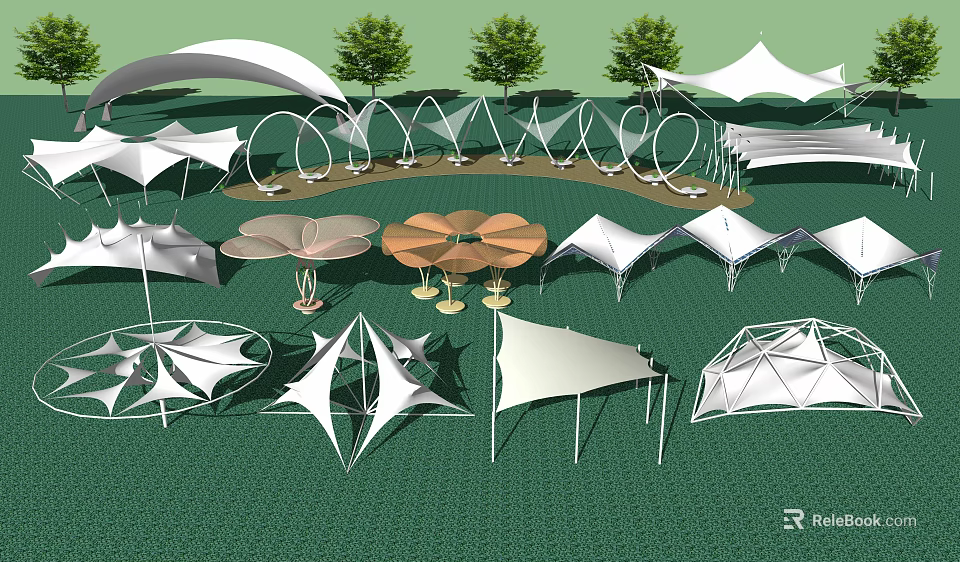 Outdoor Tensile Membrane Structures Featuring Various Designs Shapes And Green Landscape 3d model 