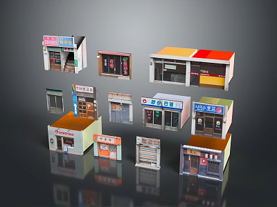 Miniature Retail Shop Models With Various Storefront Designs And Colorful Signage 3d model