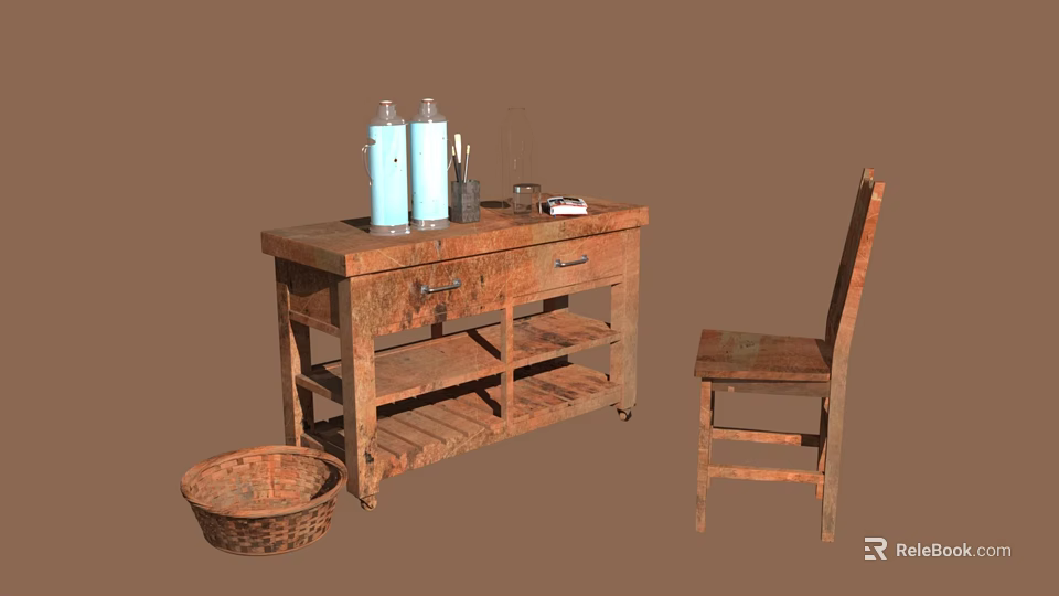 Vintage Rustic Wooden Furniture With Table Chair Basket And Decorative Items 3d model 