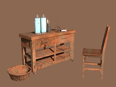Vintage Rustic Wooden Furniture With Table Chair Basket And Decorative Items 3d model