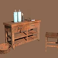 Vintage Rustic Wooden Furniture With Table Chair Basket And Decorative Items