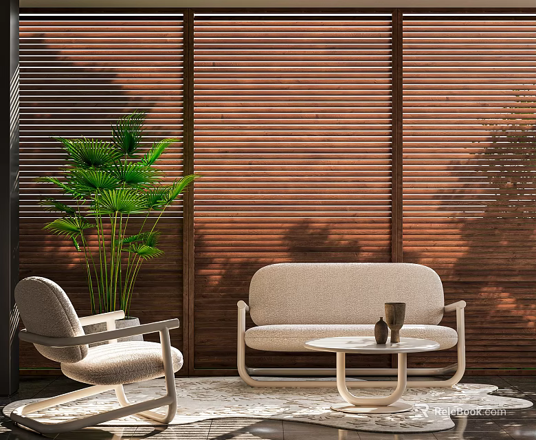 Modern Interior Sofa Coffee Table Set With Beige Sofa White Coffee Table And Wooden Blinds 3d model 