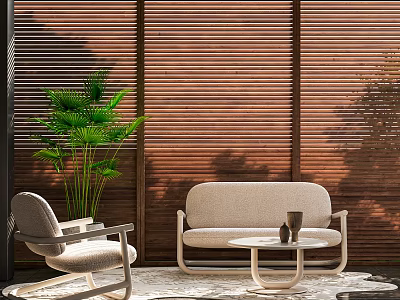 Modern Interior Sofa Coffee Table Set With Beige Sofa White Coffee Table And Wooden Blinds 3d model