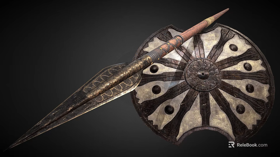Antique Decorative Spear And Shield With Intricate Patterns And Historical Design 3d model 