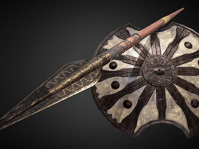 Antique Decorative Spear And Shield With Intricate Patterns And Historical Design 3d model