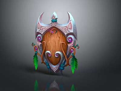 Ornate Wooden Shield With Eye Design Purple Gems And Green Feathers 3d model