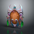 Ornate Wooden Shield With Eye Design Purple Gems And Green Feathers