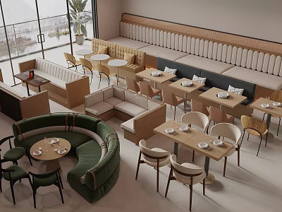 Modern Restaurant Interior Featuring Stylish Dining Chairs Curved Green Sofa And Wooden Tables 3d model