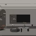 Modern Living Room Interior With TV Wall Brown Accent Chair And Marble Coffee Table