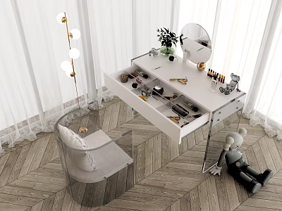 Modern Dressing Table with White Countertop Open Drawers Cosmetics Round Mirror and Transparent Chair 3d model