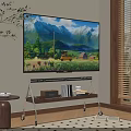 Modern TV on Rolling Stand Displaying Natural Mountain Landscape in Living Room with Window Blinds