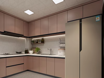 Modern Kitchen Interior Design With Light Brown Cabinets Refrigerator And Countertop Plants 3d model