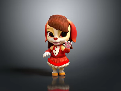 Game And Movie Character Cute Cartoon Puppy With Brown Hair Waving Hand In Red Dress 3d model