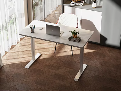 Modern Desk With Laptop Small Plant Pens White Chair And Sunlight 3d model