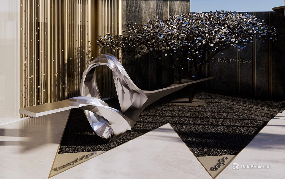Modern Garden Ornament With Metallic Curved Sculpture Flowering Trees And Geometric Paving Design 3d model 