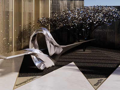 Modern Garden Ornament With Metallic Curved Sculpture Flowering Trees And Geometric Paving Design 3d model