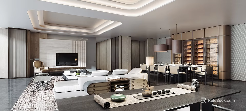 Modern Living Dining Room Interior With Sofa Dining Table Pendant Lights And Decor 3d model 
