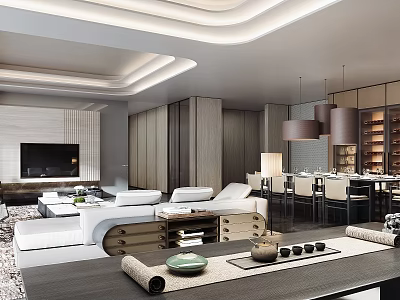 Modern Living Dining Room Interior With Sofa Dining Table Pendant Lights And Decor 3d model