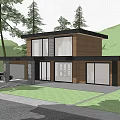 Modern Two Story Detached House With Wooden Facade Large Windows Garage And Trees