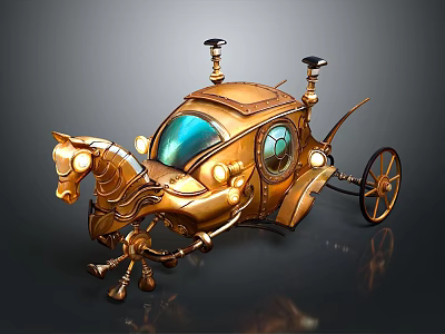 Ornate Golden Vintage Carriage With Horse Head Design And Mechanical Details 3d model