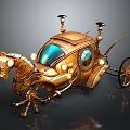 Ornate Golden Vintage Carriage With Horse Head Design And Mechanical Details