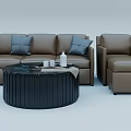 Brown Leather Sofa and Coffee Table Set with Gray Throw Pillows Black Round Table 3d model