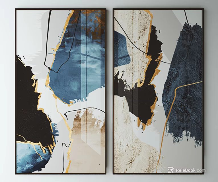 Abstract Two Panel Wall Art With Blue Black Gold Brushstrokes And Lines 3d model 