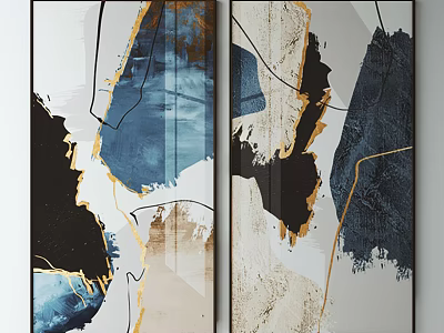 Abstract Two Panel Wall Art With Blue Black Gold Brushstrokes And Lines 3d model