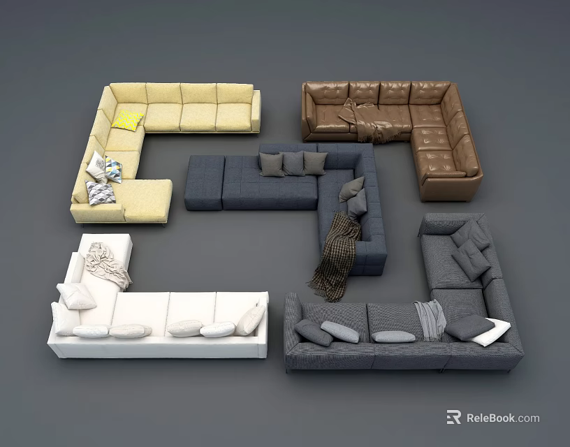 Modern Sectional Sofas in Various Colors with Different Configurations and Decorative Pillows 3d model