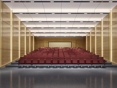 Spacious Modern Conference Room With Red Seats Wooden Walls And Projector Screen 3d model