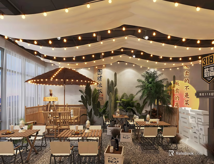 Cozy Bar Interior Design With String Lights Wooden Tables Chairs Umbrella And Green Plants 3d model 