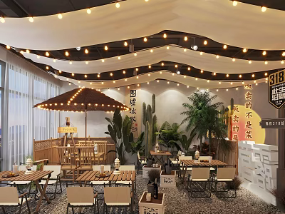 Cozy Bar Interior Design With String Lights Wooden Tables Chairs Umbrella And Green Plants 3d model