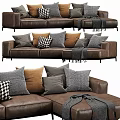 Brown Leather Sofa With Multiple Pillows And Blanket In Various Colors 3d model