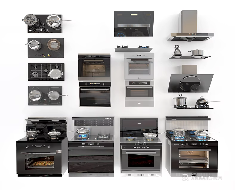Different Types of Modern Kitchen Appliances Including Stoves Ovens and Range Hoods 3d model 