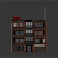Multi Storey Residential Building With Brick Red Exterior Black Window Railings And Ground Floor Cafe
