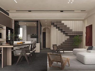 Modern Dining and Living Room Interior With Open Concept Staircase Sofa And Plants 3d model