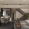 Modern Dining and Living Room Interior With Open Concept Staircase Sofa And Plants