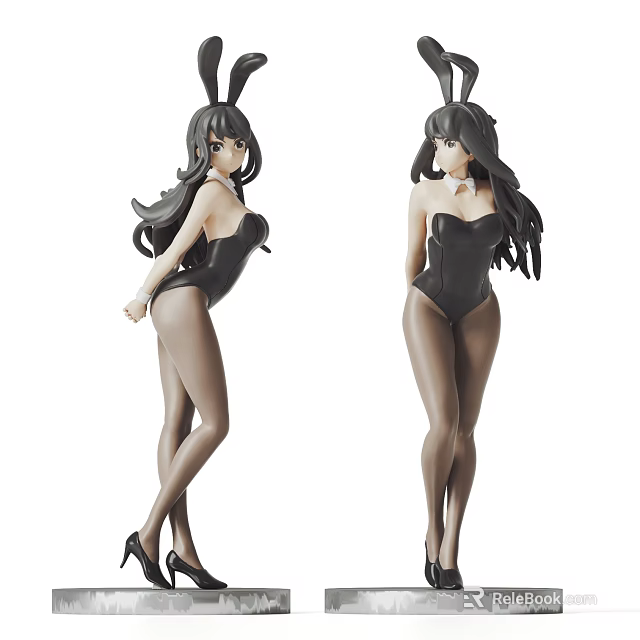 Decorative Figurine Set Featuring Female Characters With Rabbit Ears Black Bodysuit And Long Curly Hair 3d model 
