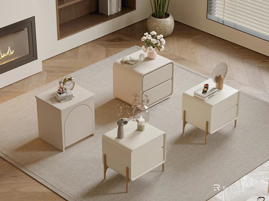 Modern White Bedside Tables With Drawers And Gold Metal Legs Decorated With Vase And Books 3d model 