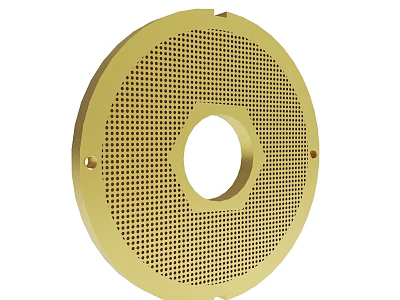 Yellow Circular Industrial Component With Hexagonal Center Hole And Perforated Design 3d model