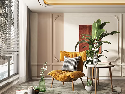 Yellow Accent Chair with Checkered Pillow by Window with Blinds and Green Plant Side Table 3d model