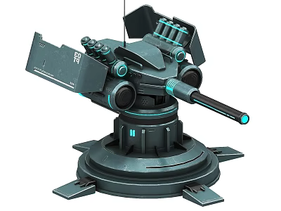 Modern Automatic Turret Weapon Featuring Multiple Barrels Blue Lights And Mounted Base 3d model
